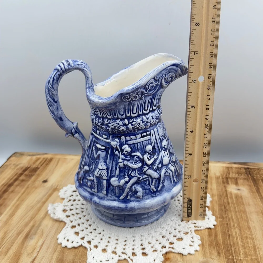 Vintage Blue and White Ceramic Relief Pitcher Tavern Scene Farmhouse Decor